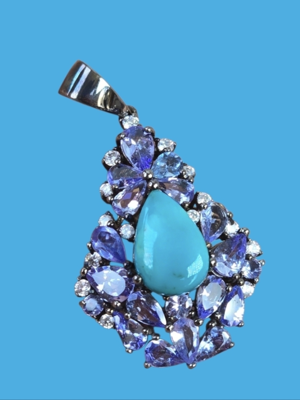 925 Sterling Silver Pendant 2x3.5cm with Natural Turquoise & Tanzanite Gems